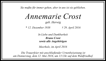 Traueranzeige von Annemarie Crost von  Gelnhäuser Tageblatt