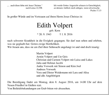 Traueranzeige von Edith Volpert von  Gießener Anzeiger