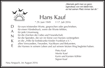 Traueranzeige von Hans Kauf von  Usinger Anzeiger