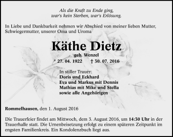 Traueranzeige von Käthe Dietz von  Kreisanzeiger