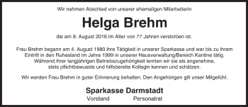 Traueranzeige von Helga Brehm von Trauerportal Echo Online
