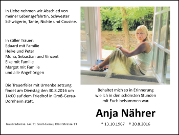 Traueranzeige von Anja Nährer von Trauerportal Echo Online