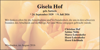 Traueranzeige von Gisela Hof von Trauerportal Rhein Main Presse