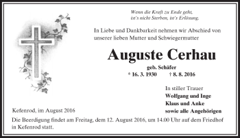 Traueranzeige von Auguste Cerhau von  Kreisanzeiger