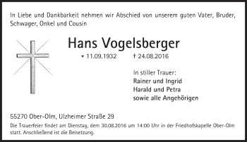 Traueranzeige von Hans Vogelsberger von Trauerportal Rhein Main Presse