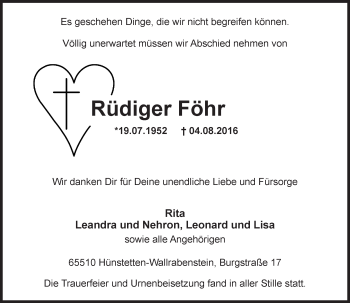 Traueranzeige von Rüdiger Föhr von Trauerportal Rhein Main Presse
