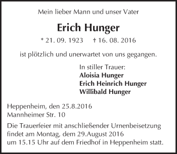 Traueranzeige von Erich Hunger von Trauerportal Echo Online