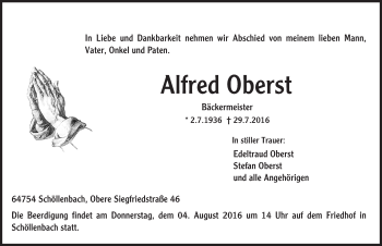 Traueranzeige von Alfred Oberst von Trauerportal Echo Online