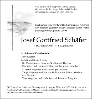 Traueranzeige von Josef Gottfried Schäfer von Trauerportal Rhein Main Presse