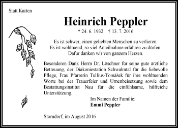 Traueranzeige von Heinrich Peppler von  OK Oberhessen Kurier