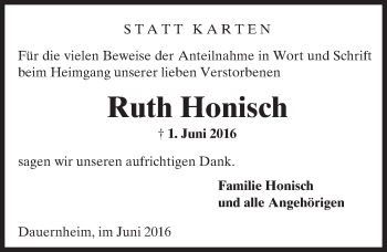 Traueranzeige von Ruth Honisch von  Kreisanzeiger