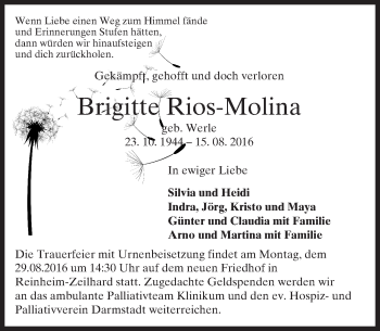 Traueranzeige von Brigitte Rios-Molina von Trauerportal Echo Online