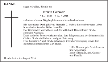 Traueranzeige von Erwin Germer von  Gießener Anzeiger