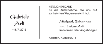 Traueranzeige von Gabriele Arlt von Trauerportal Echo Online