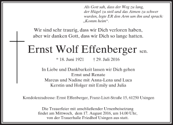 Traueranzeige von Ernst Wolf Effenberger von  Usinger Anzeiger
