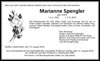 Traueranzeige von Marianne Spengler von  Gießener Anzeiger