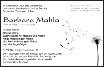 Traueranzeige von Barbara Mahla von Trauerportal Echo Online