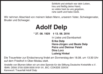 Traueranzeige von Adolf Delp von Trauerportal Echo Online
