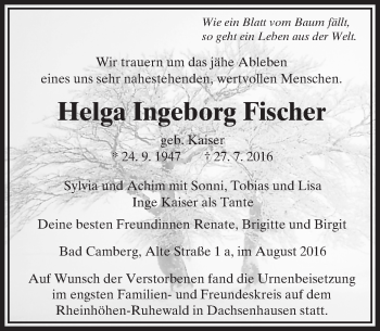 Traueranzeige von Helga Ingeborg Fischer von  Camberger Anzeiger