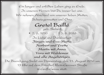 Traueranzeige von Gretel Baillé von Trauerportal Echo Online