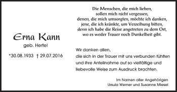 Traueranzeige von Erna Kann von Trauerportal Rhein Main Presse