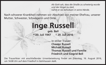 Traueranzeige von Inge Russell von  Gelnhäuser Tageblatt
