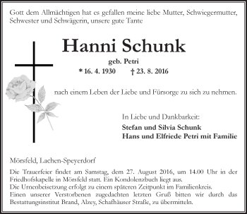 Traueranzeige von Hanni Schunk von Trauerportal Rhein Main Presse