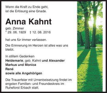 Traueranzeige von Anna Kahnt von Trauerportal Echo Online