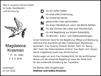 Traueranzeige von Magdalena Krasman von VRM Trauer