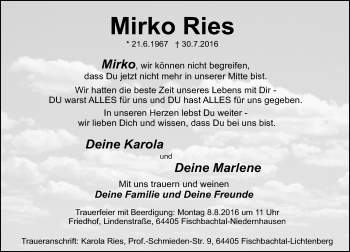 Traueranzeige von Mirko Ries von Trauerportal Echo Online