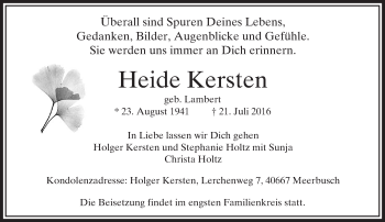 Traueranzeige von Heide Kersten von  Usinger Anzeiger