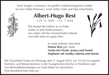 Traueranzeige von Albert-Hugo Best von Trauerportal Rhein Main Presse