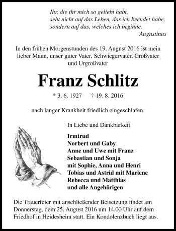 Traueranzeige von Franz Schlitz von Trauerportal Rhein Main Presse