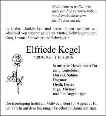 Traueranzeige von Elfriede Kegel von Trauerportal Echo Online