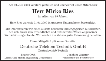 Traueranzeige von Mirko Ries von Trauerportal Echo Online
