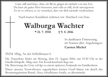 Traueranzeige von Walburga Wachter von Trauerportal Rhein Main Presse