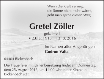 Traueranzeige von Gretel Zöller von Trauerportal Echo Online