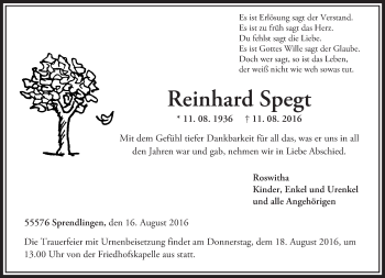 Traueranzeige von Reinhard Spegt von Trauerportal Rhein Main Presse