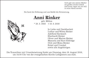 Traueranzeige von Anni Rinker von  Gießener Anzeiger