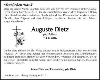 Traueranzeige von Auguste Dietz von  Kreisanzeiger