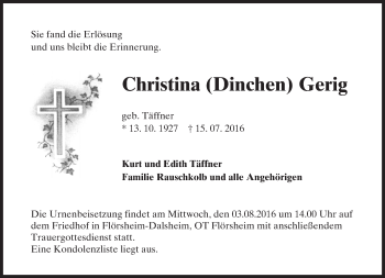 Traueranzeige von Christina Gerig von Trauerportal Rhein Main Presse