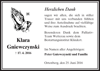 Traueranzeige von Klara Gniewczynski von  Kreisanzeiger