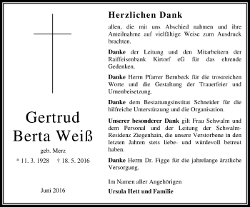 Traueranzeige von Gertrud Berta Weiß von VRM Trauer