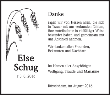 Traueranzeige von Else Schug von Trauerportal Rhein Main Presse