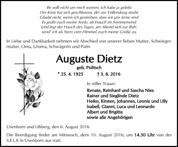 Traueranzeige von Auguste Dietz von  Kreisanzeiger