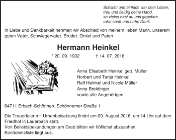 Traueranzeige von Hermann Heinkel von Trauerportal Echo Online
