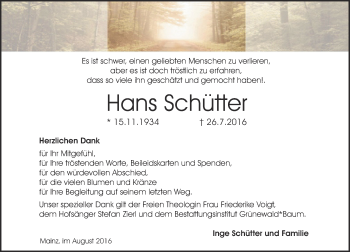 Traueranzeige von Hans Schütter von Trauerportal Rhein Main Presse