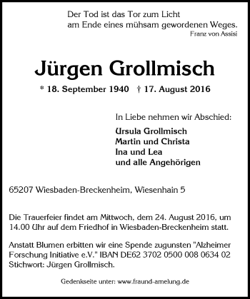 Traueranzeige von Jürgen Grollmisch von Trauerportal Rhein Main Presse