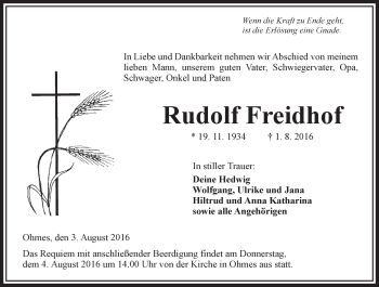Traueranzeige von Rudolf Freidhof von VRM Trauer