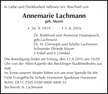 Traueranzeige von Annemarie Lachmann von Trauerportal Echo Online